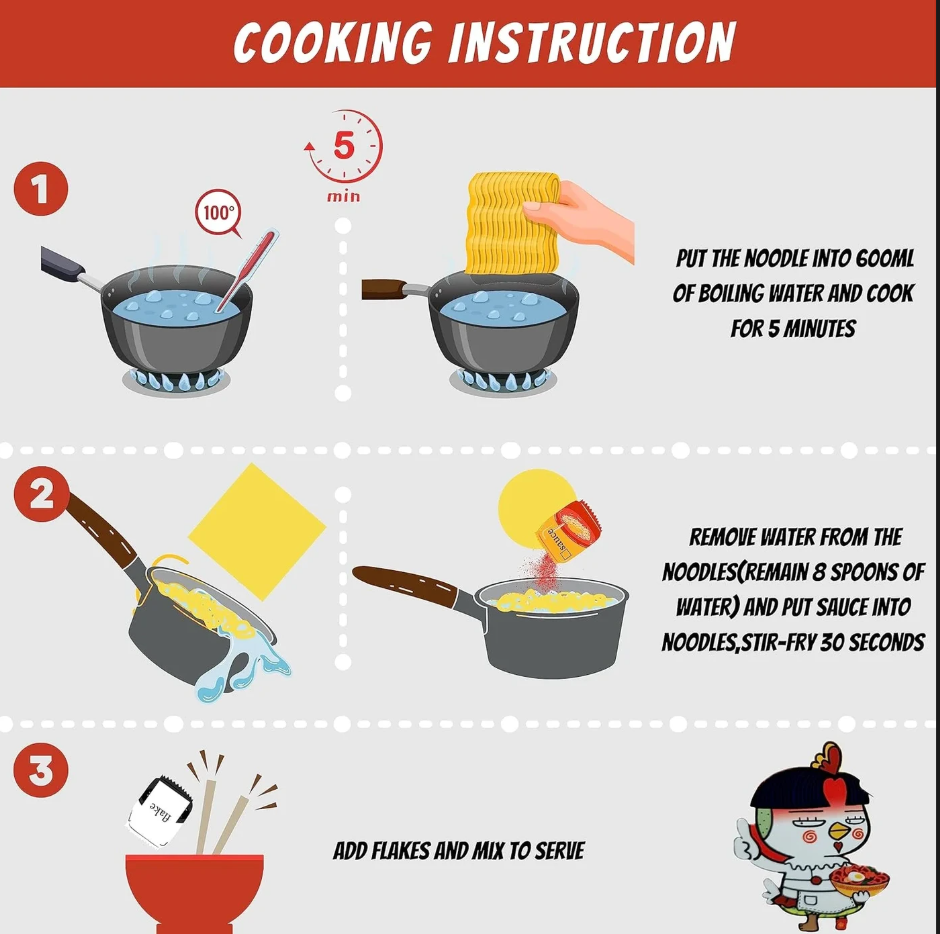 Cooking instructions for Samyang Buldak Hot Chicken Ramen Cheese, including boiling noodles, adding sauce, and serving.