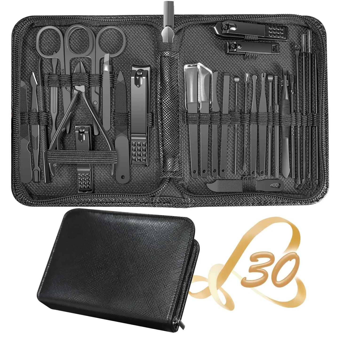 7/30pcs travel manicure set tools in a sleek black carrying case for easy organization and portability.