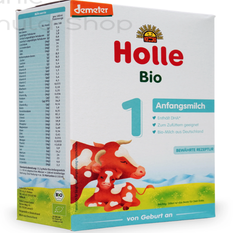 Holle German Milk Formula organic infant formula packaging with nutritional information and cow illustration.