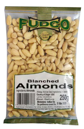 Blanched almonds pack highlighting nut health benefits and quality, 250g product from Fudco.