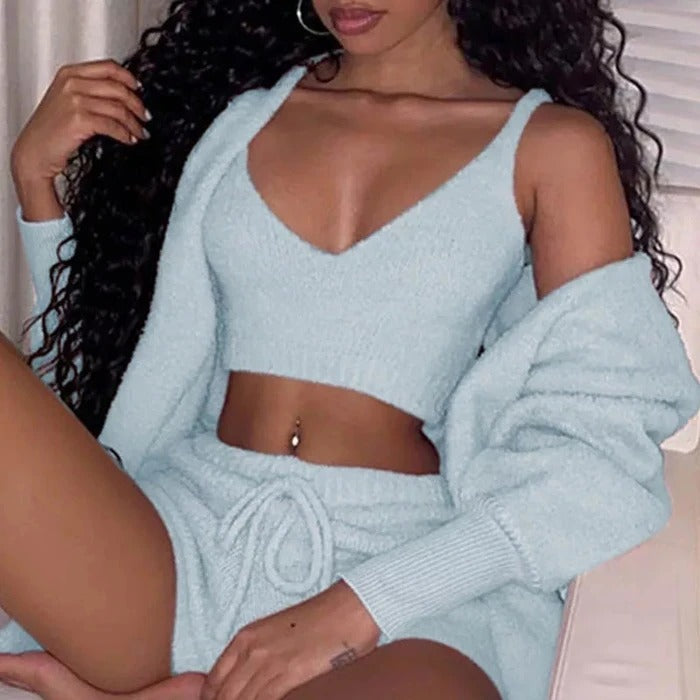 3pcs Womens Clothing Long Sleeve Crop Tank Top And Drawstring Shorts Pajama Set - HYPERMALL
