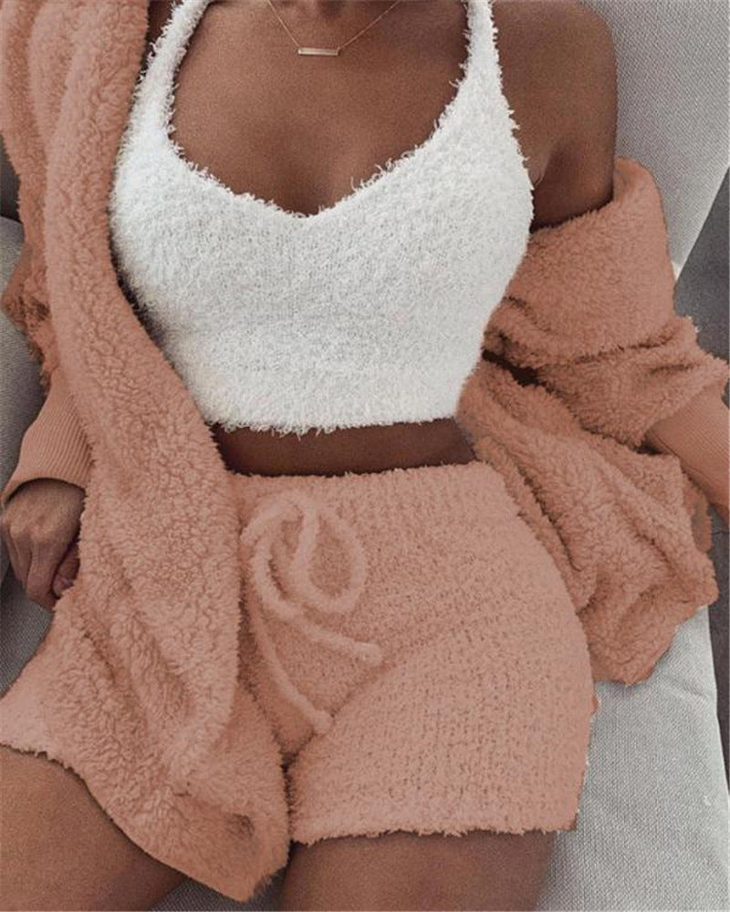 3pcs Womens Clothing Long Sleeve Crop Tank Top And Drawstring Shorts Pajama Set - HYPERMALL