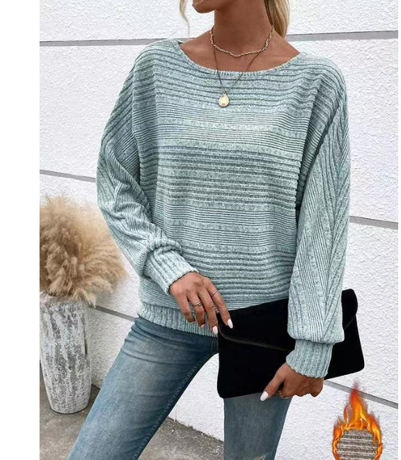 Solid Striped Batwing Sleeves T-shirt Fashion Casual Pullover Round Neck Long Sleeve Top Spring And Autumn Women's Clothing - HYPERMALL