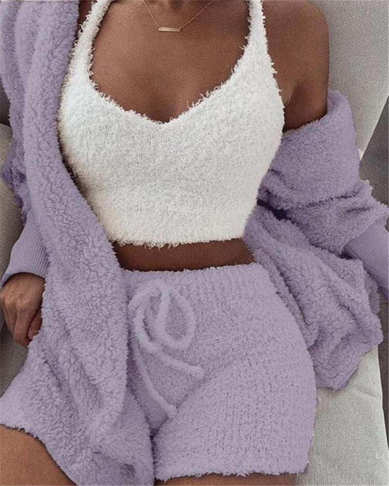 3pcs Womens Clothing Long Sleeve Crop Tank Top And Drawstring Shorts Pajama Set - HYPERMALL