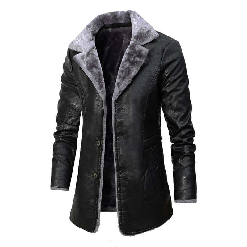 Plush Lapel Leather Jacket Winter Warm Fleece Single-breasted Coat For Men Long Clothing - HYPERMALL