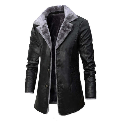 Plush Lapel Leather Jacket Winter Warm Fleece Single-breasted Coat For Men Long Clothing - HYPERMALL