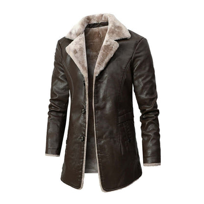 Plush Lapel Leather Jacket Winter Warm Fleece Single-breasted Coat For Men Long Clothing - HYPERMALL
