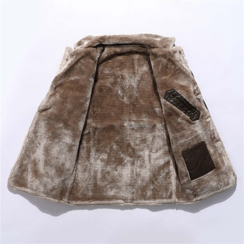 Plush Lapel Leather Jacket Winter Warm Fleece Single-breasted Coat For Men Long Clothing - HYPERMALL