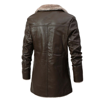 Plush Lapel Leather Jacket Winter Warm Fleece Single-breasted Coat For Men Long Clothing - HYPERMALL