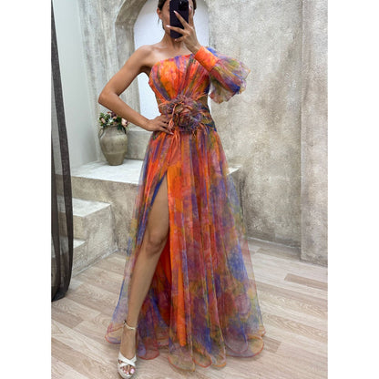 Mesh Tie-dye Printed Off-shoulder Slit Dress Summer INS Fashion Long Dress Party Womens Clothing - HYPERMALL