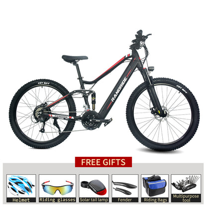Electric Bike Off-Road Bicycle featuring a sleek aluminum alloy frame, fat tires, and free gifts like a helmet and riding glasses.
