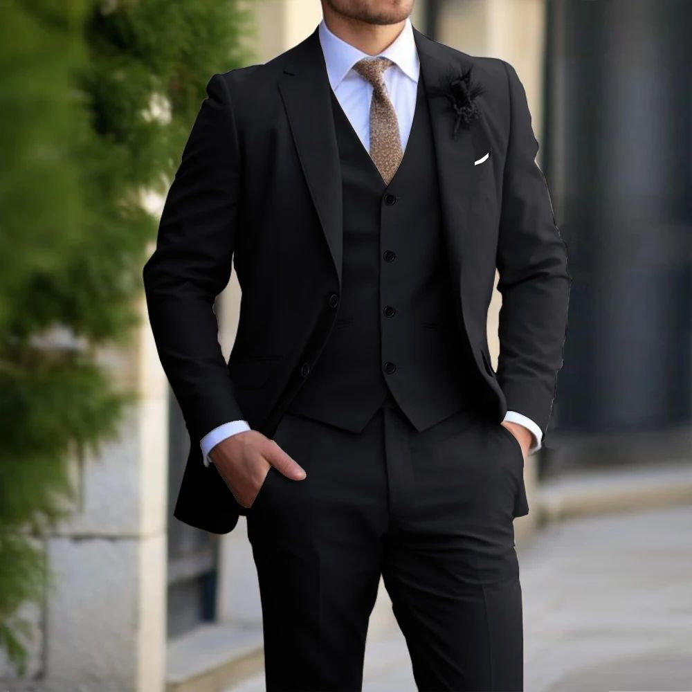 Brand Classic Men Suit 3 Pieces Fashion Slim Fit Blazer Vest - HYPERMALL