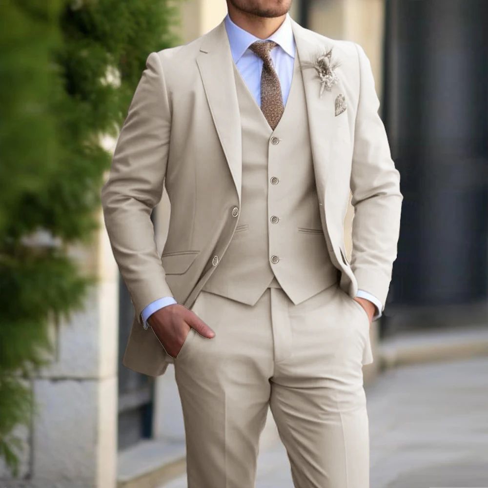 Brand Classic Men Suit 3 Pieces Fashion Slim Fit Blazer Vest - HYPERMALL