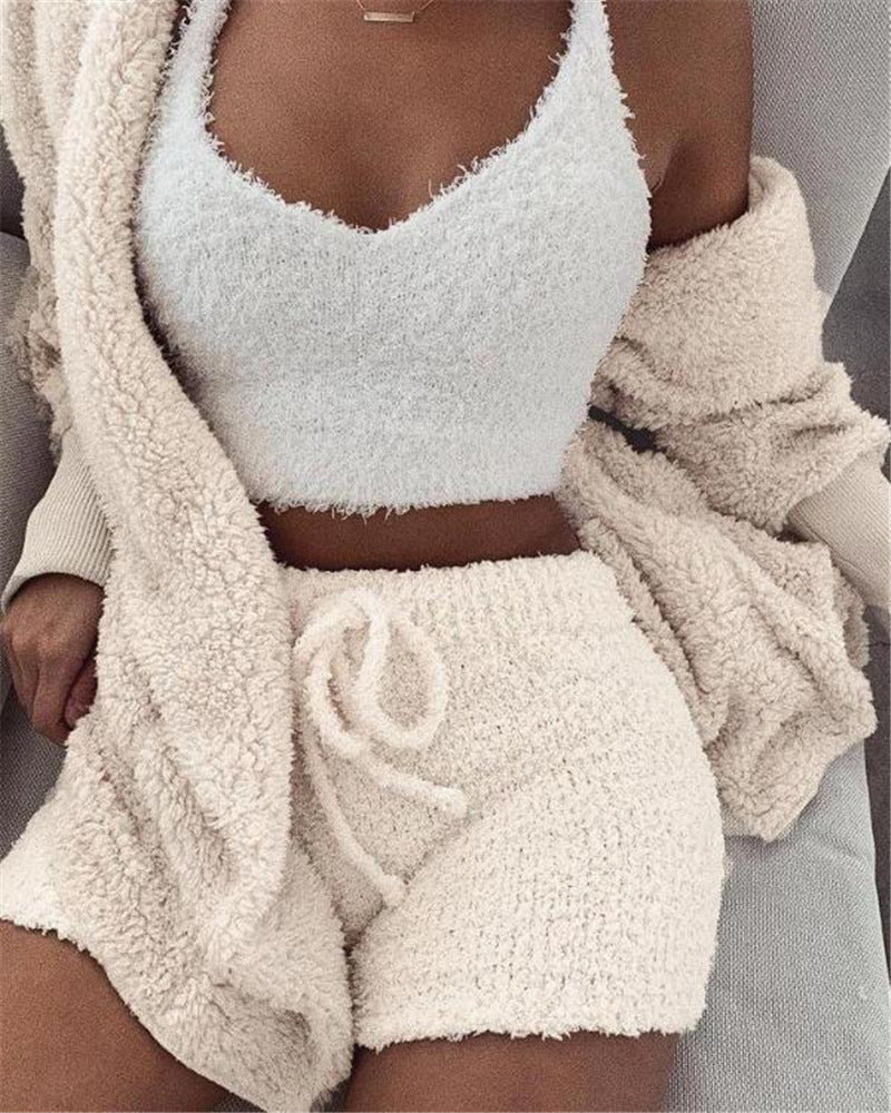 3pcs Womens Clothing Long Sleeve Crop Tank Top And Drawstring Shorts Pajama Set - HYPERMALL