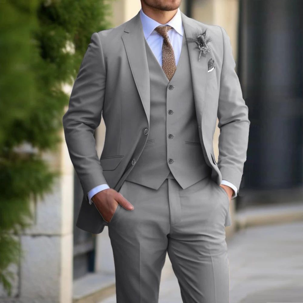 Brand Classic Men Suit 3 Pieces Fashion Slim Fit Blazer Vest - HYPERMALL