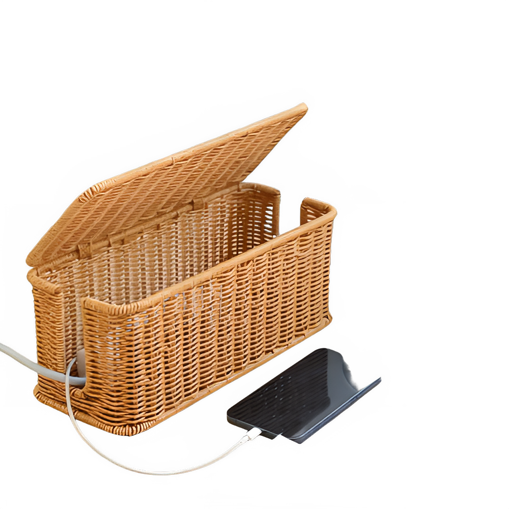 Handmade rattan wire management box for desk organization, keeping cords tidy and workspace serene.