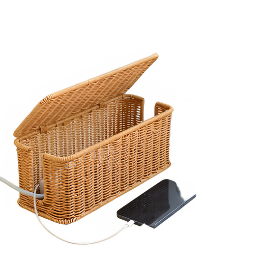 Handmade rattan wire management box for desk organization, keeping cords tidy and workspace serene.