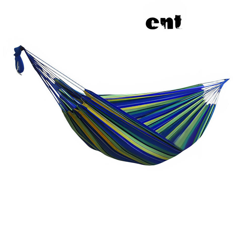 Double Hammock w/Stand, 2-People Hammock & Stand featuring colorful stripes for relaxation.