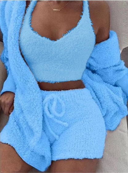3pcs Womens Clothing Long Sleeve Crop Tank Top And Drawstring Shorts Pajama Set - HYPERMALL