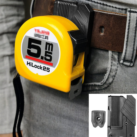 measuring tape holder attached to a belt for convenient use, featuring a bright yellow design and a durable buckle.