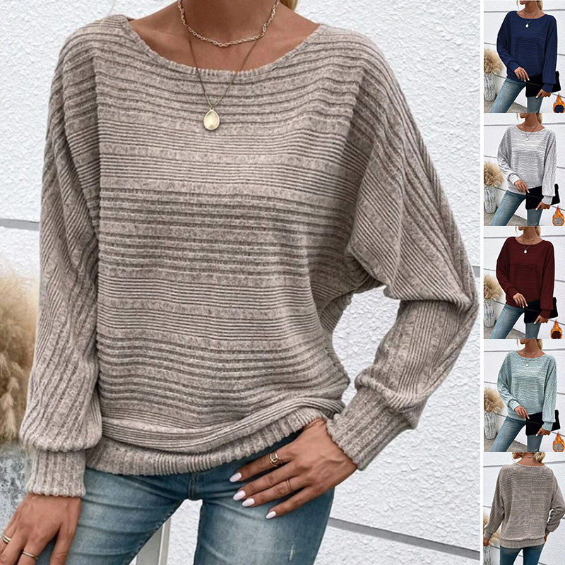 Solid Striped Batwing Sleeves T-shirt Fashion Casual Pullover Round Neck Long Sleeve Top Spring And Autumn Women's Clothing - HYPERMALL