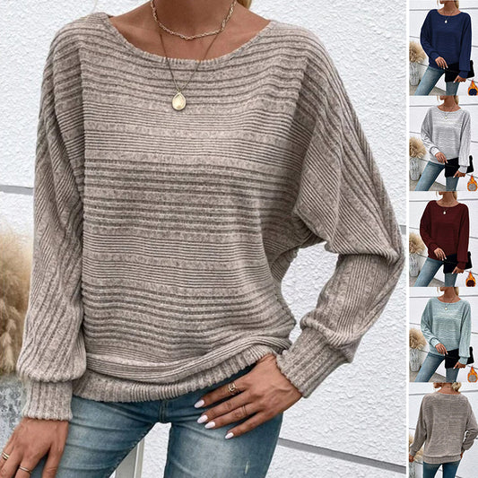 Solid Striped Batwing Sleeves T-shirt Fashion Casual Pullover Round Neck Long Sleeve Top Spring And Autumn Women's Clothing - HYPERMALL