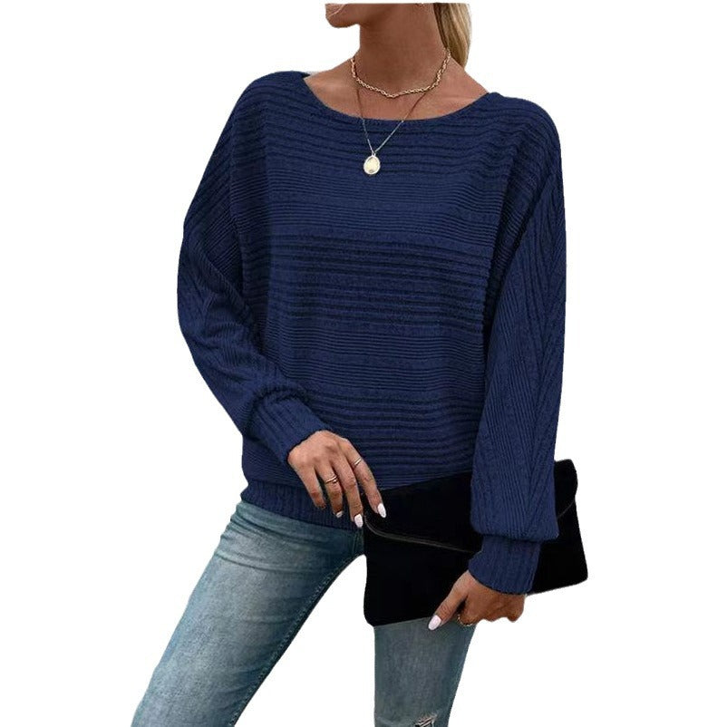 Solid Striped Batwing Sleeves T-shirt Fashion Casual Pullover Round Neck Long Sleeve Top Spring And Autumn Women's Clothing - HYPERMALL
