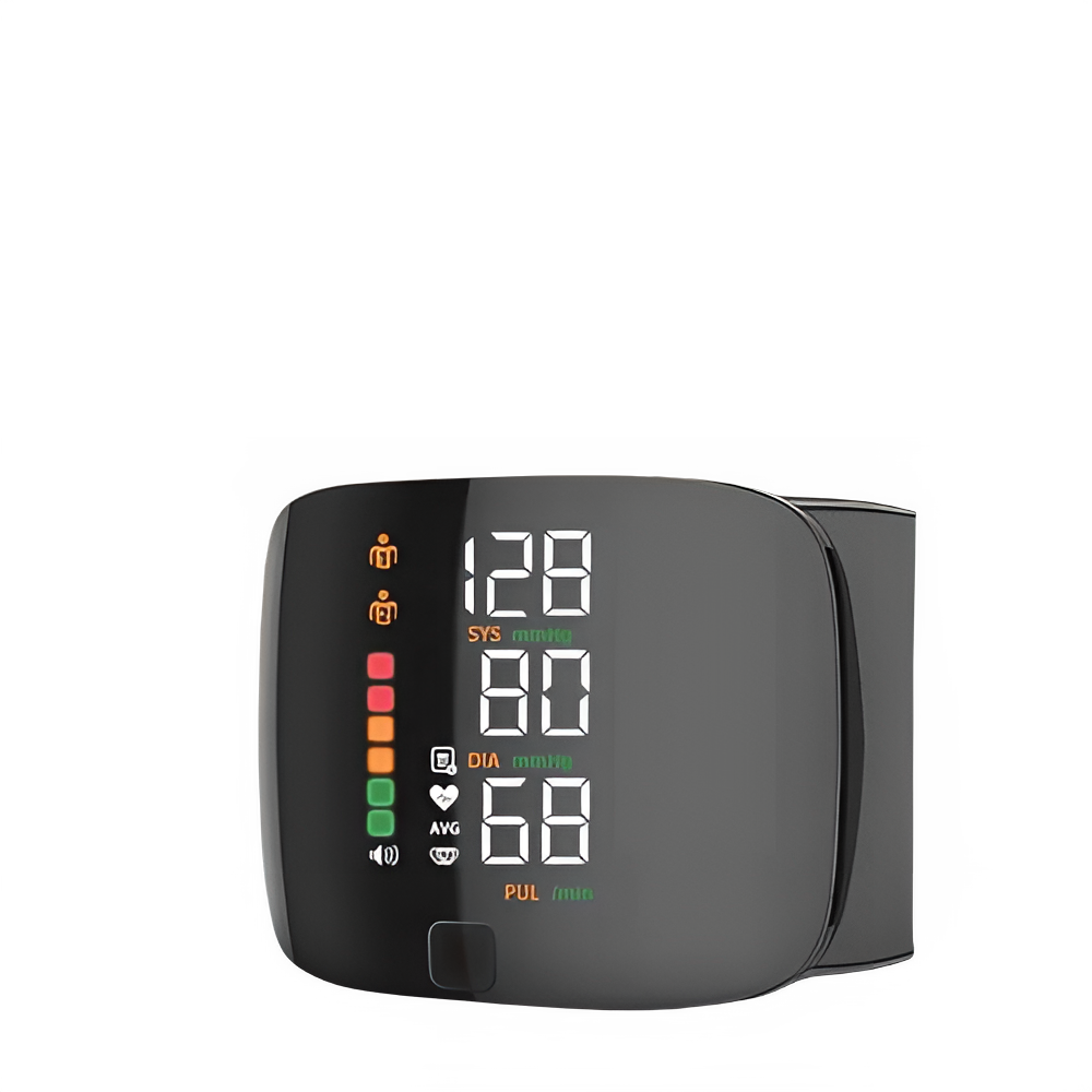 Rechargeable digital wrist blood pressure monitor display showing readings, best blood pressure monitor for home.