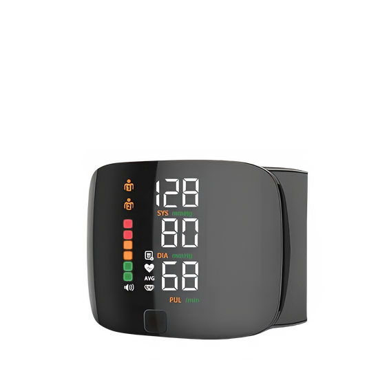 Rechargeable digital wrist blood pressure monitor display showing readings, best blood pressure monitor for home.