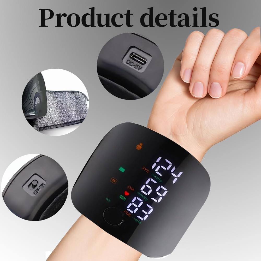 Digital blood pressure monitor displaying systolic and diastolic values, showcasing automatic blood pressure monitoring features.