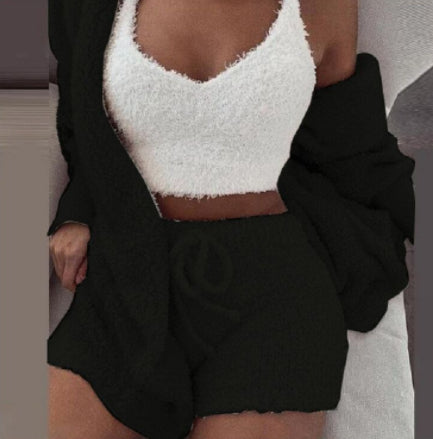 3pcs Womens Clothing Long Sleeve Crop Tank Top And Drawstring Shorts Pajama Set - HYPERMALL