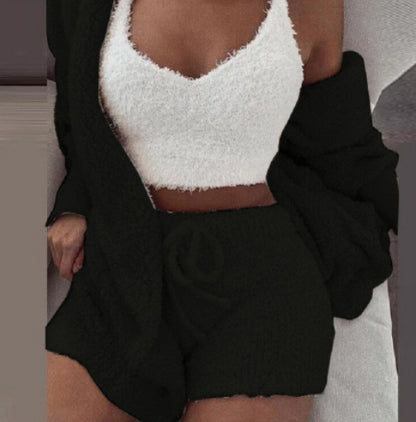 3pcs Womens Clothing Long Sleeve Crop Tank Top And Drawstring Shorts Pajama Set - HYPERMALL