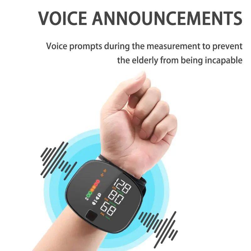 Korean Digital Rechargeable Wrist Blood Pressure Monitor featuring voice announcements for ease of use, best blood pressure monitor for home.
