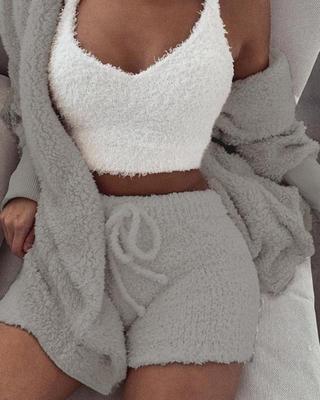 3pcs Womens Clothing Long Sleeve Crop Tank Top And Drawstring Shorts Pajama Set - HYPERMALL
