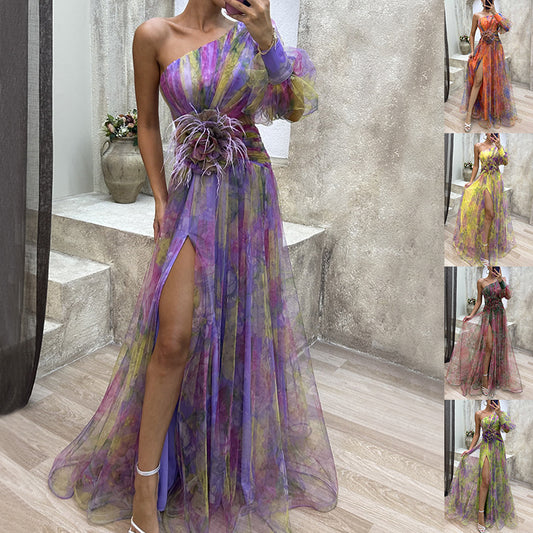 Mesh Tie-dye Printed Off-shoulder Slit Dress Summer INS Fashion Long Dress Party Womens Clothing - HYPERMALL