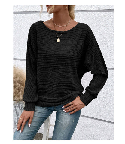 Solid Striped Batwing Sleeves T-shirt Fashion Casual Pullover Round Neck Long Sleeve Top Spring And Autumn Women's Clothing - HYPERMALL