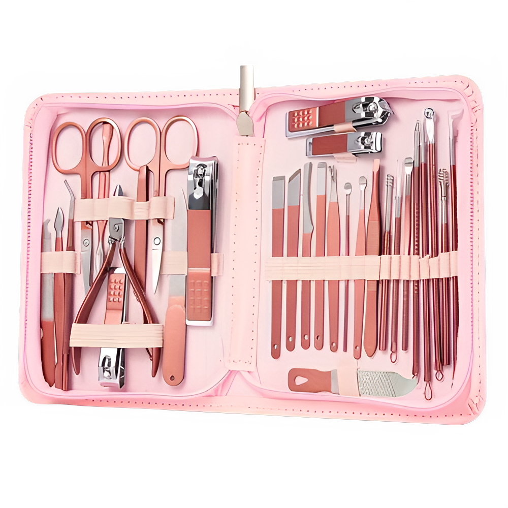 Travel manicure set tools in a stylish pink case featuring various nail clippers and pedicure tools.