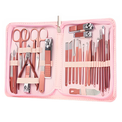 Travel manicure set tools in a stylish pink case featuring various nail clippers and pedicure tools.