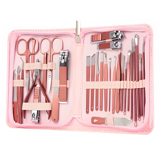 Travel manicure set tools in a stylish pink case featuring various nail clippers and pedicure tools.