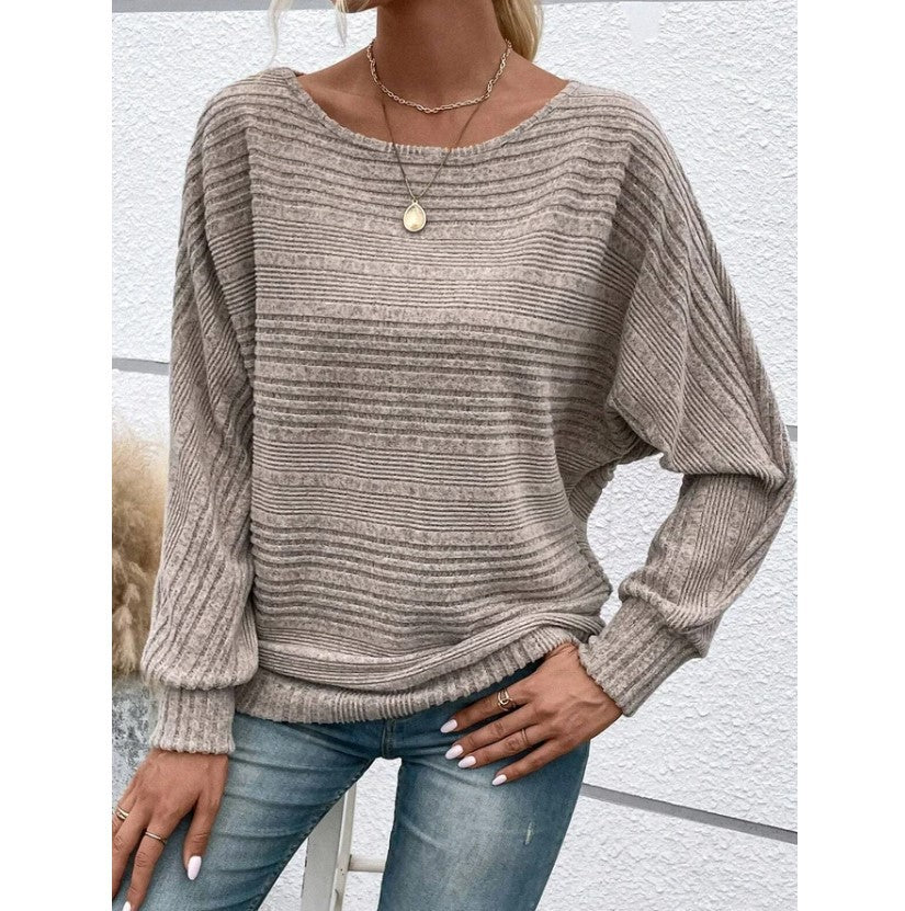 Solid Striped Batwing Sleeves T-shirt Fashion Casual Pullover Round Neck Long Sleeve Top Spring And Autumn Women's Clothing - HYPERMALL