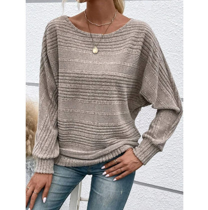 Solid Striped Batwing Sleeves T-shirt Fashion Casual Pullover Round Neck Long Sleeve Top Spring And Autumn Women's Clothing - HYPERMALL