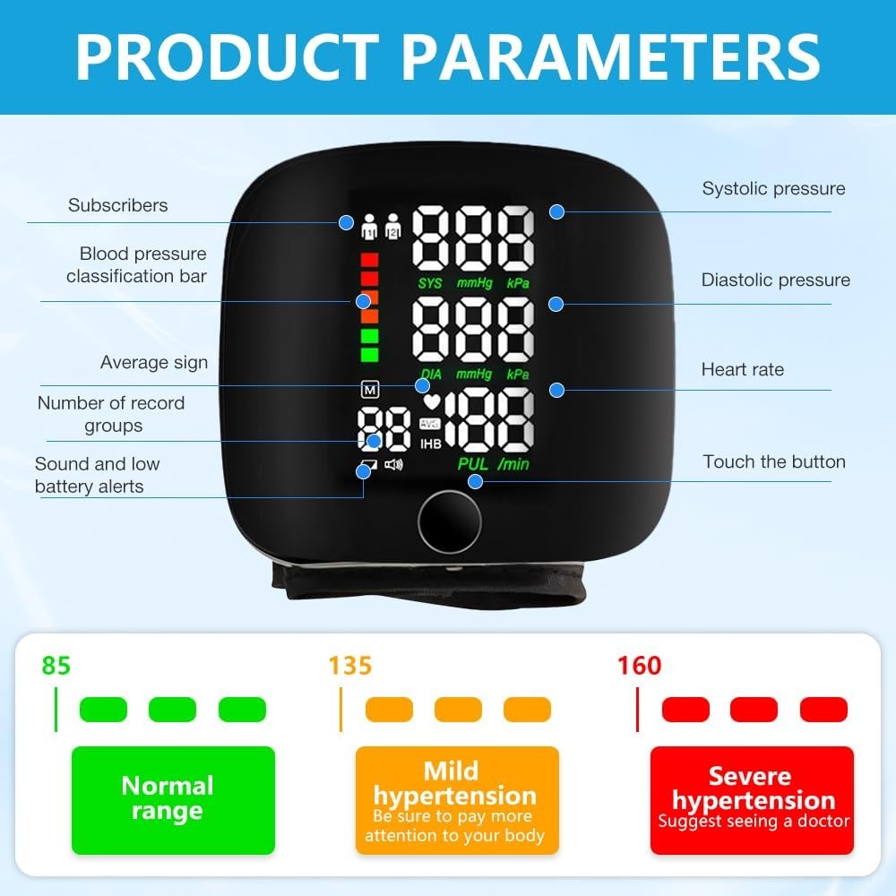 Digital blood pressure monitor display showing parameters for automatic blood pressure monitoring, including systolic and diastolic values.