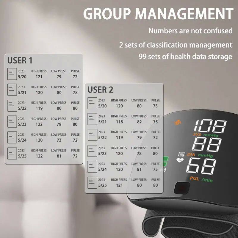 Korean Digital Rechargeable Wrist Blood Pressure Monitor with group management features for best blood pressure monitor for home.