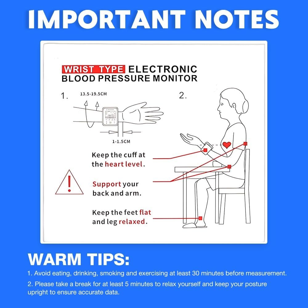 Important notes for using wrist type electronic blood pressure monitor includes tips for accurate automatic blood pressure monitoring.