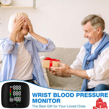 Happy couple enjoying a moment with a gift of a wrist blood pressure monitor for automatic blood pressure monitoring.