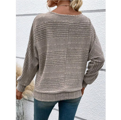 Solid Striped Batwing Sleeves T-shirt Fashion Casual Pullover Round Neck Long Sleeve Top Spring And Autumn Women's Clothing - HYPERMALL