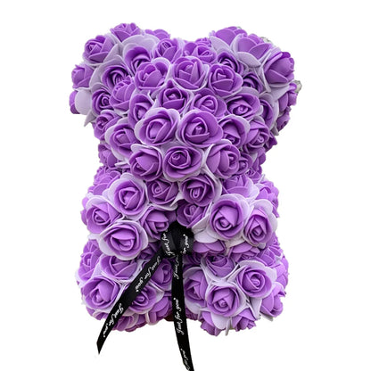 Double Color 25/40cm Rose Teddy Bear Heart Artificial Flower Rose Bear in purple for gifts.