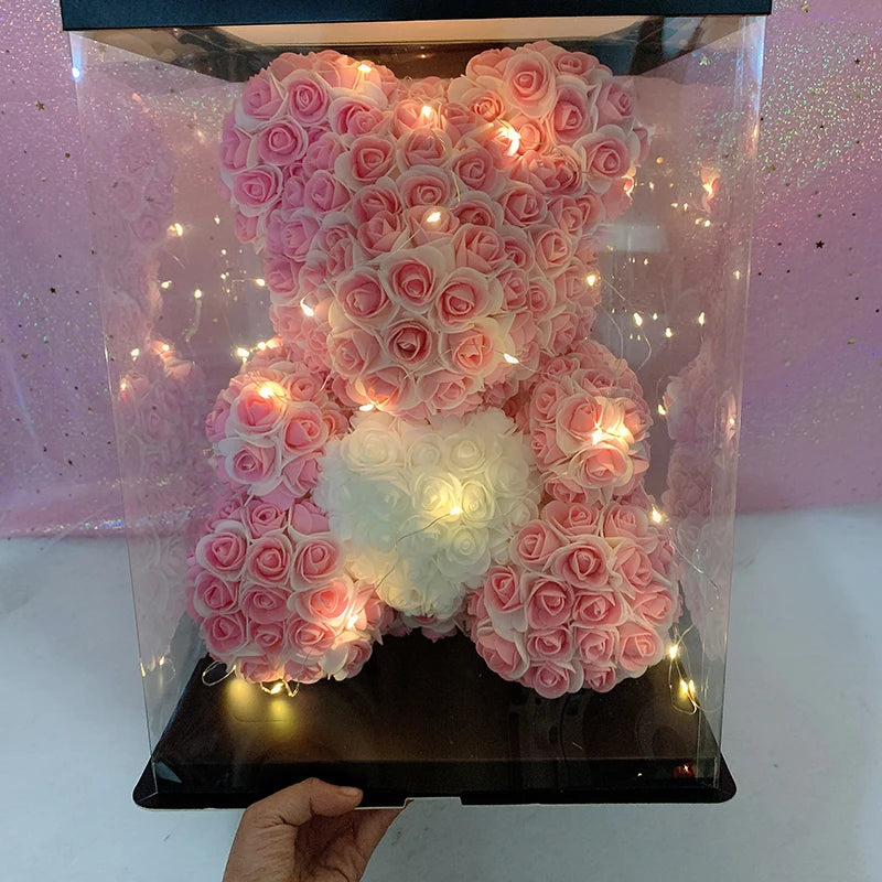 Double Color 25/40cm Rose Teddy Bear Heart in a display box with lights, perfect for Valentine's or birthday gifts