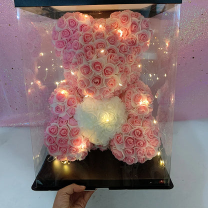 Double Color 25/40cm Rose Teddy Bear Heart in a display box with lights, perfect for Valentine's or birthday gifts