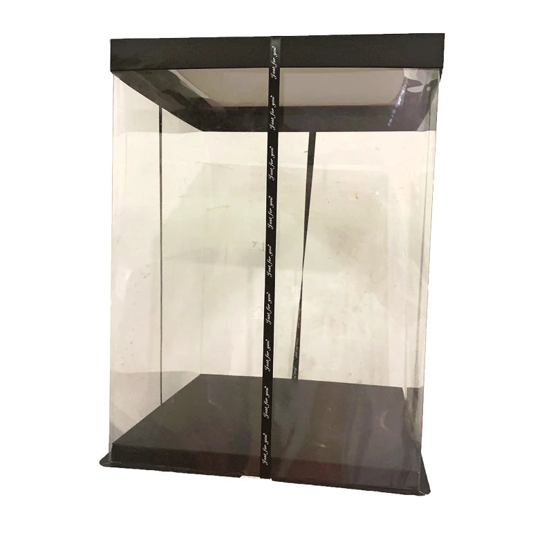 Clear acrylic display case with black base for showcasing collectibles and toys.